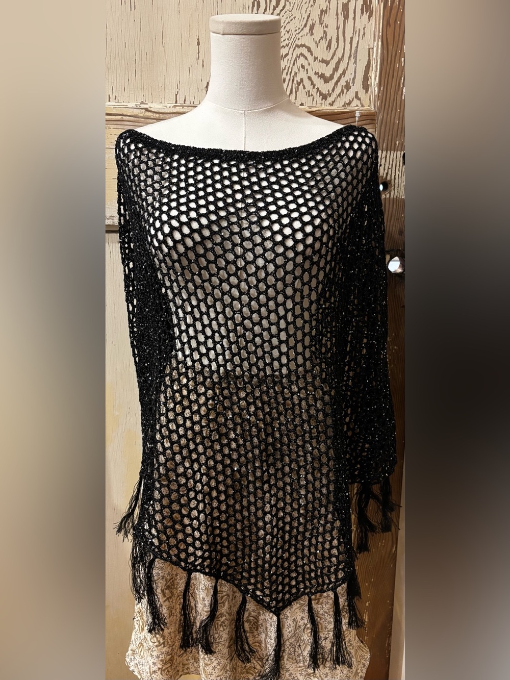 Sheer Black Crochet Fringe poncho with sequin’s